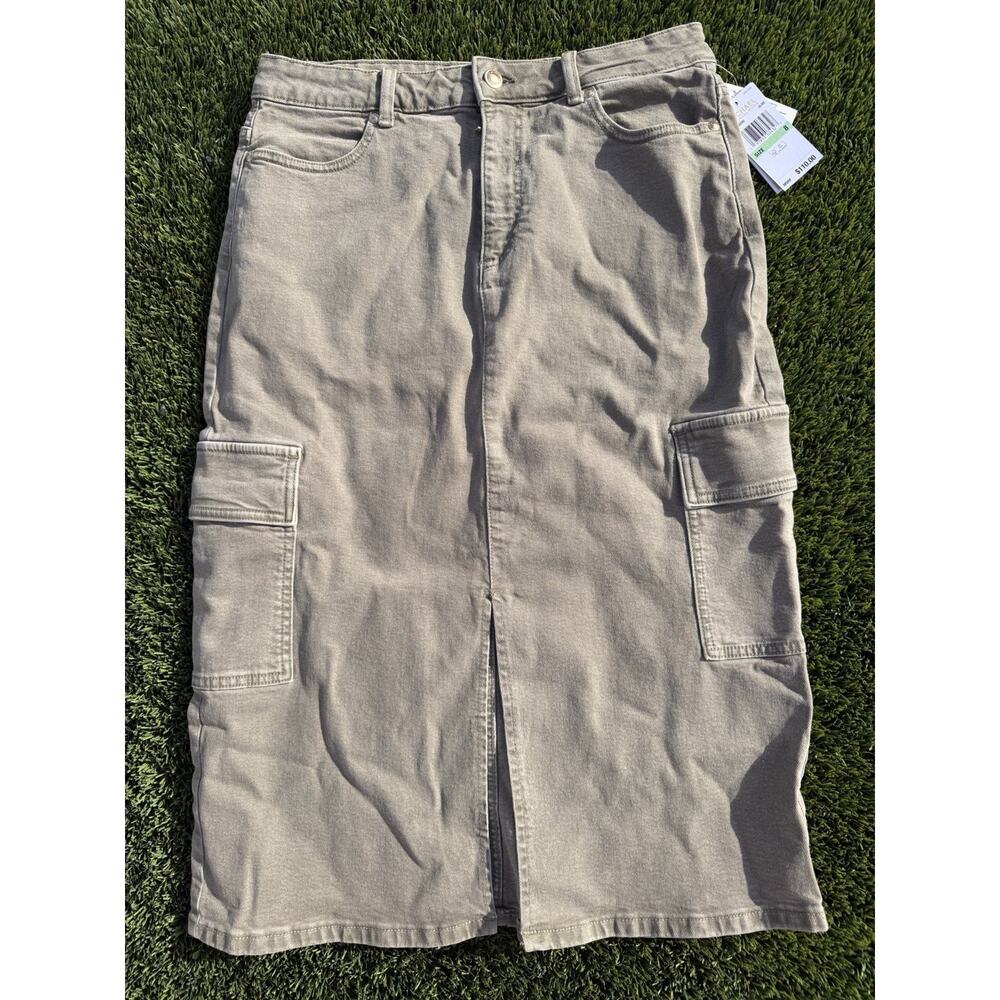 Michael Kors Cargo Denim Midi Skirt Gold Button Detail Olive‎ Size 8 NEW!!!